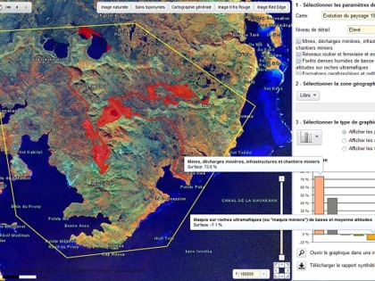 Suivre l'évolution des paysages Observez l'évolution des paysages : ici, en 12 ans, les infrastructures minières et réseaux routiers se sont développés au détriment de formations végétales comme le maquis minier
